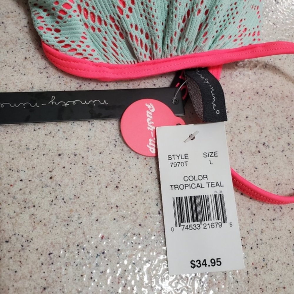 NWT RARE NINETY-NINE DEGREES CROCHET LACE BIKINI SET SZ L TEAL & NEON PINK - Picture 9 of 11